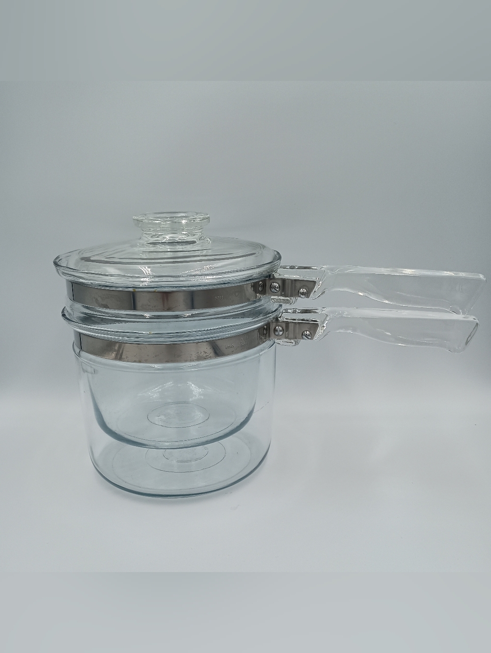 Vintage Pyrex Flameware Double Boiler With Lid 6283 3pc Clear Glass USA